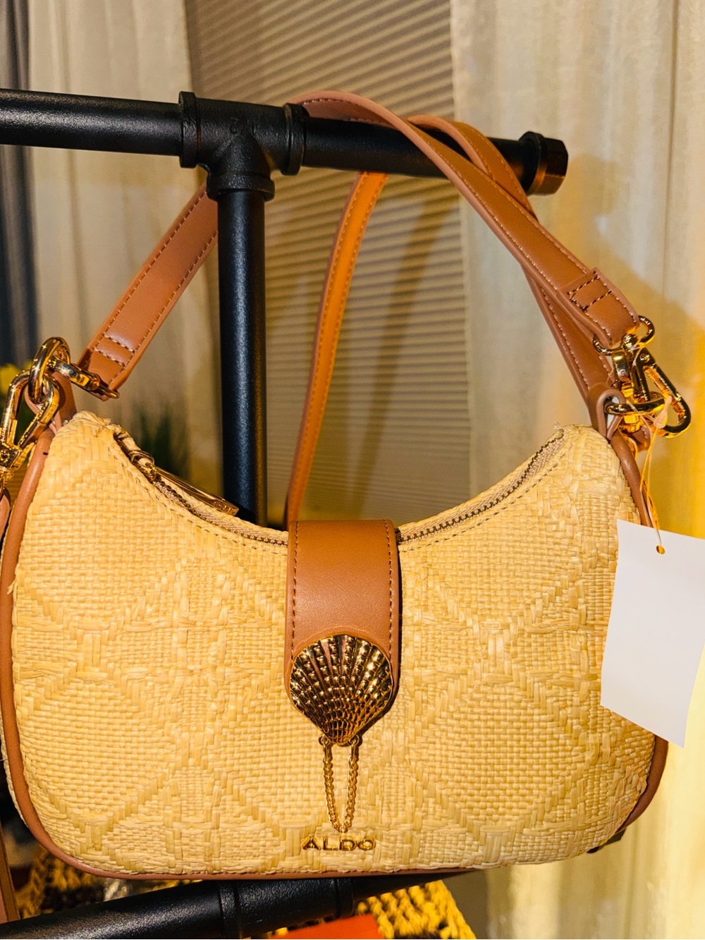 Aldo Beige Woven Crossbody with Tan Strap & Gold Shell Accent